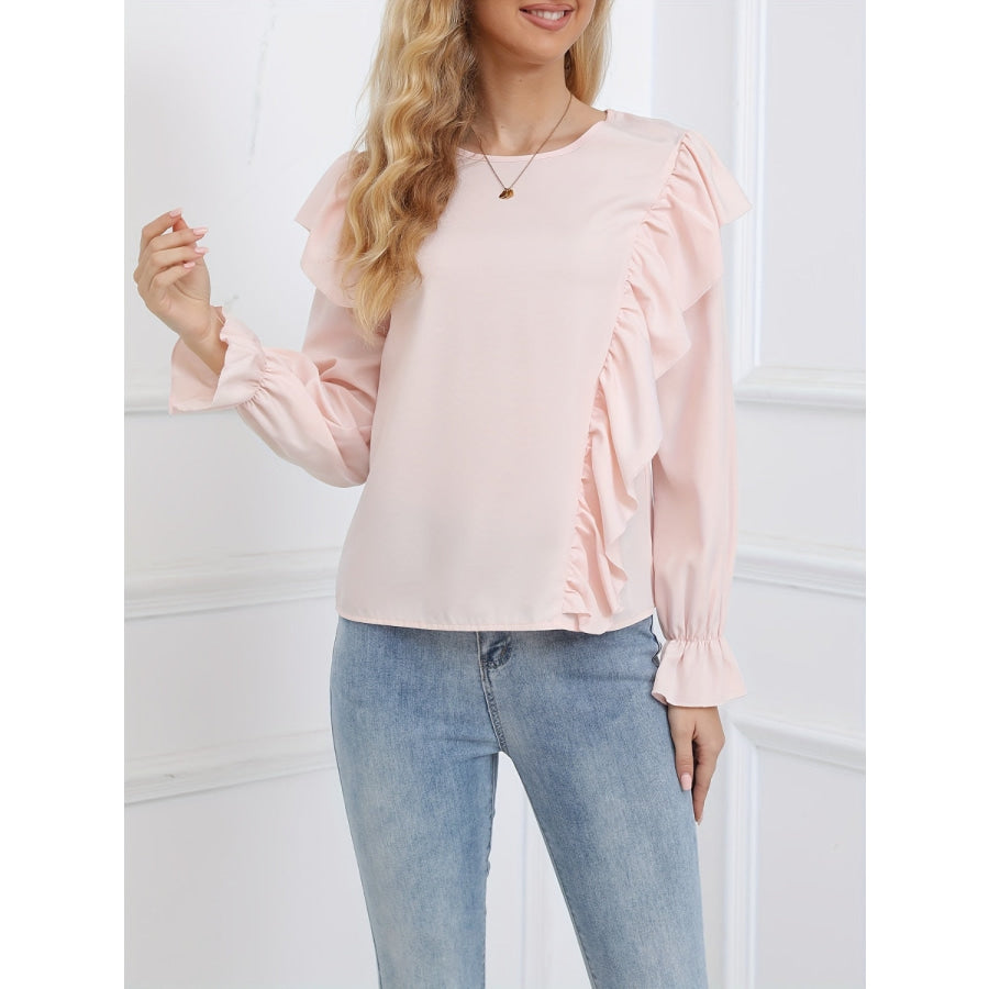 Ruffled Round Neck Long Sleeve Blouse Apparel and Accessories