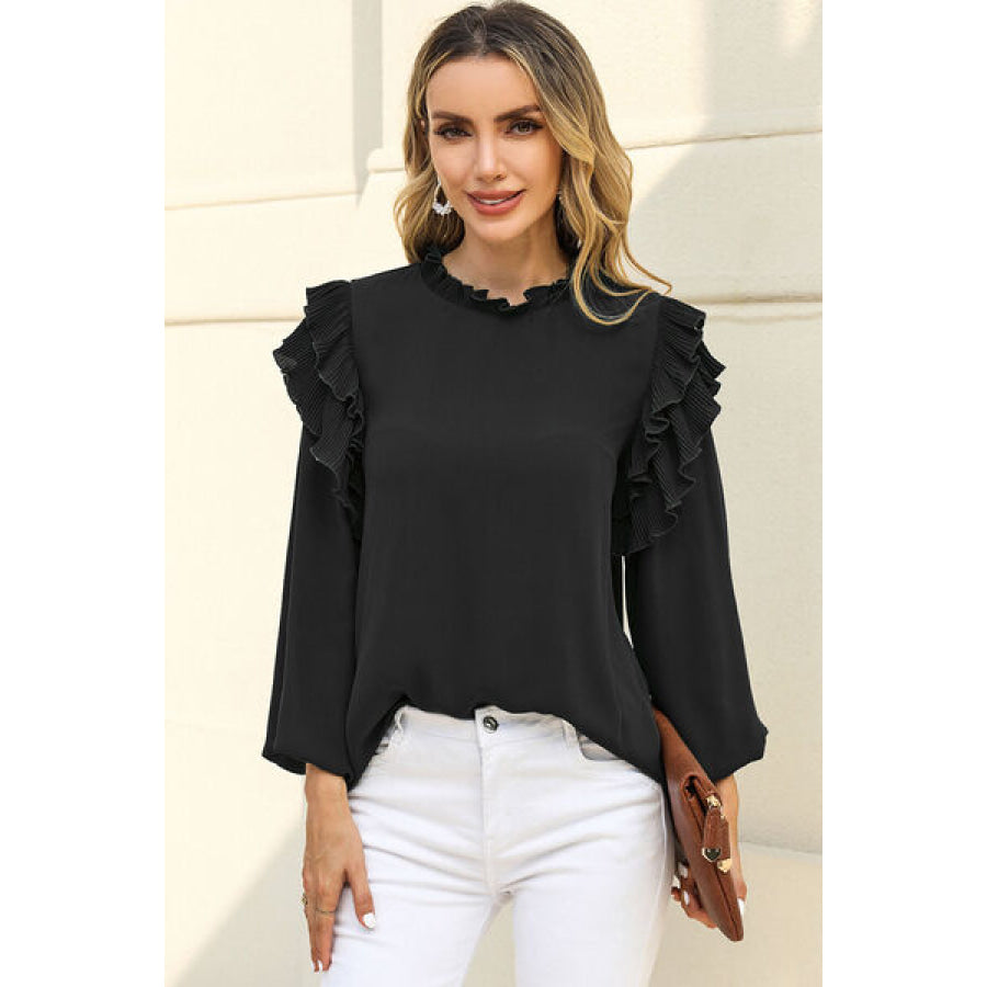 Ruffled Round Neck Long Sleeve Blouse Apparel and Accessories