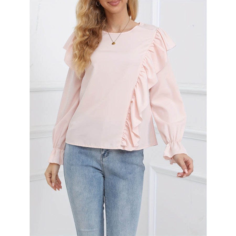 Ruffled Round Neck Long Sleeve Blouse Apparel and Accessories