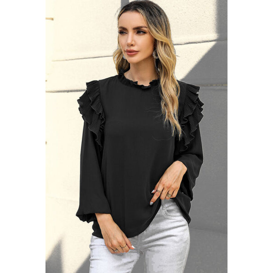 Ruffled Round Neck Long Sleeve Blouse Apparel and Accessories