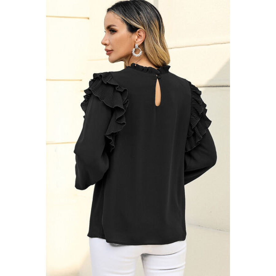 Ruffled Round Neck Long Sleeve Blouse Apparel and Accessories