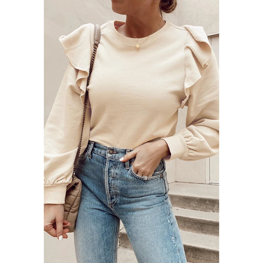 Ruffled Round Neck Long Sleeve Blouse Beige / S Apparel and Accessories