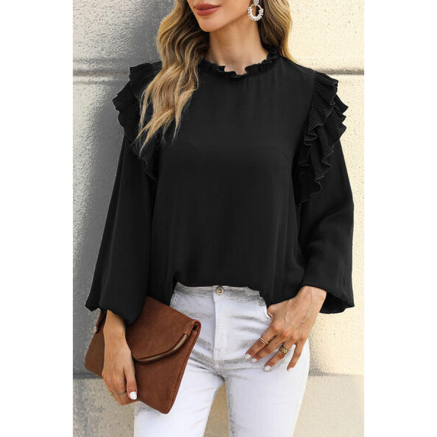 Ruffled Round Neck Long Sleeve Blouse Black / S Apparel and Accessories