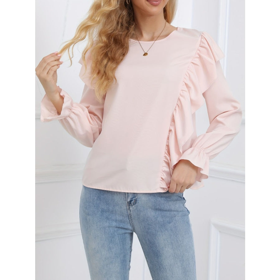 Ruffled Round Neck Long Sleeve Blouse Blush Pink / S Apparel and Accessories