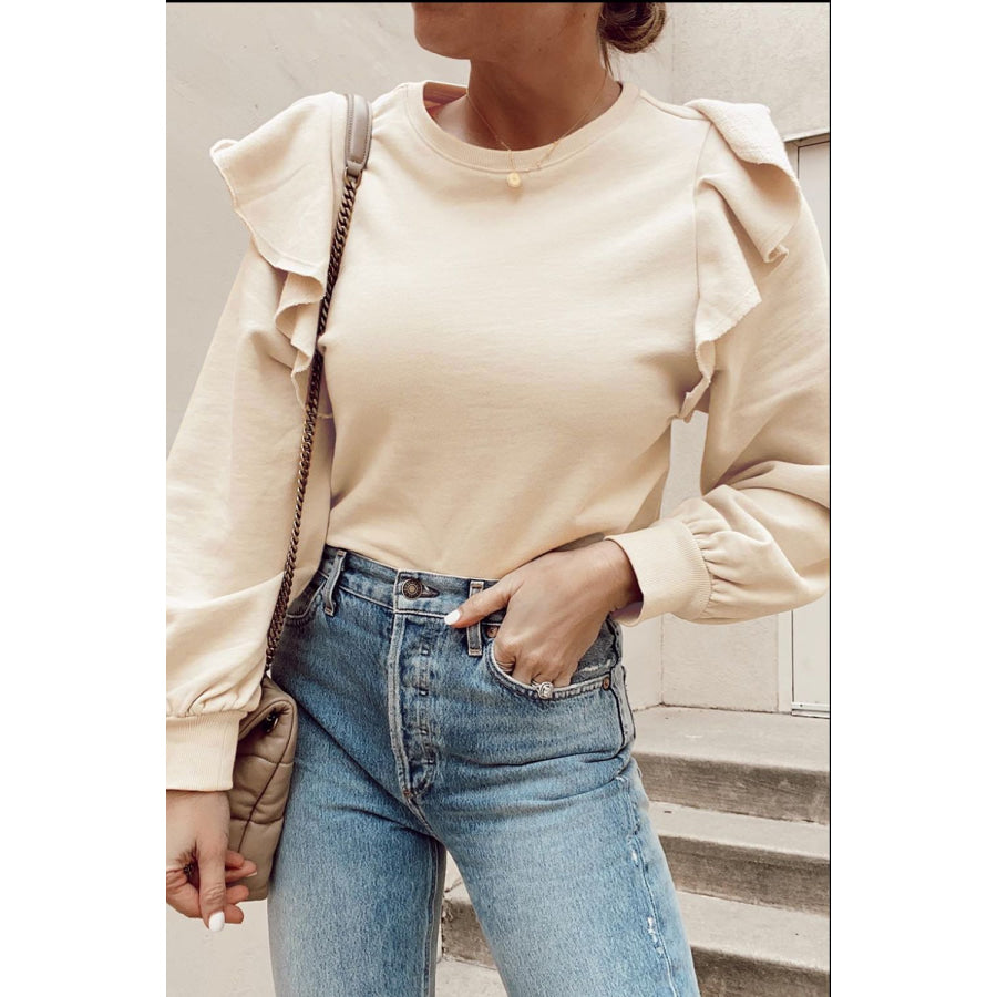 Ruffled Round Neck Long Sleeve Blouse Cream / S Apparel and Accessories