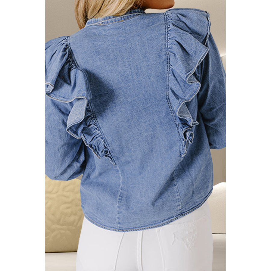 Ruffled Round Neck Long Sleeve Denim Top Apparel and Accessories