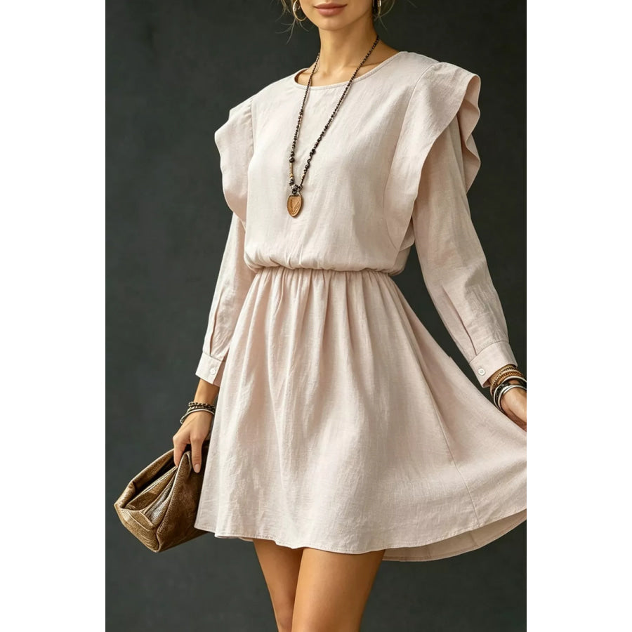 Ruffled Round Neck Long Sleeve Dress Apparel and Accessories