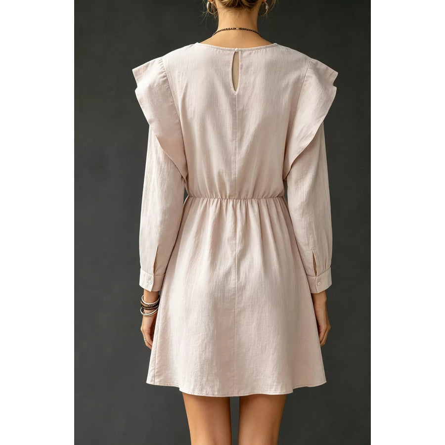 Ruffled Round Neck Long Sleeve Dress Apparel and Accessories
