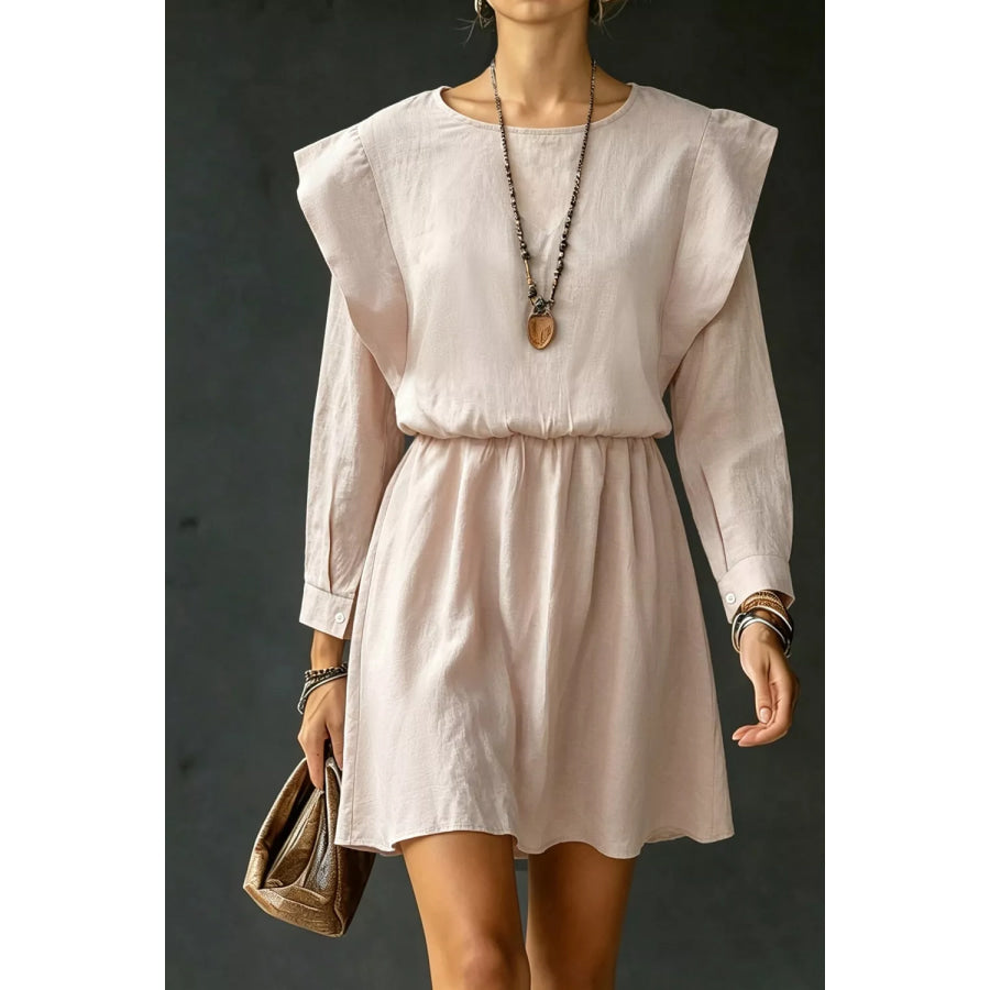 Ruffled Round Neck Long Sleeve Dress Apparel and Accessories