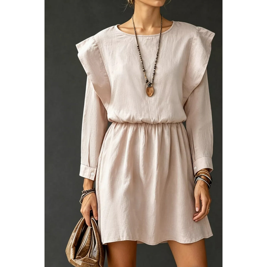 Ruffled Round Neck Long Sleeve Dress Apparel and Accessories