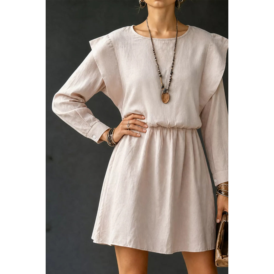 Ruffled Round Neck Long Sleeve Dress Eggshell / S Apparel and Accessories