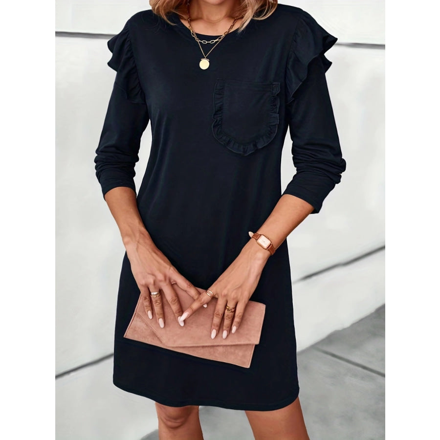 Ruffled Round Neck Long Sleeve Mini Dress Apparel and Accessories