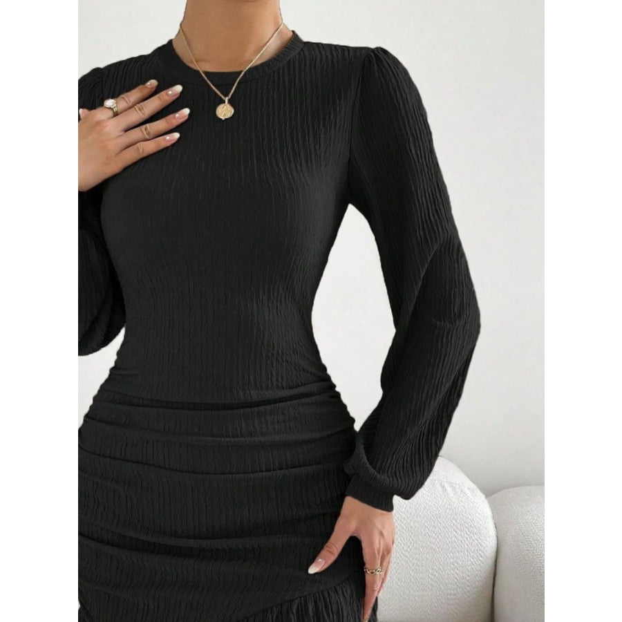 Ruffled Round Neck Long Sleeve Mini Dress Apparel and Accessories