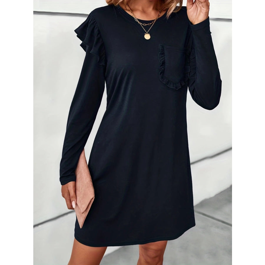 Ruffled Round Neck Long Sleeve Mini Dress Apparel and Accessories