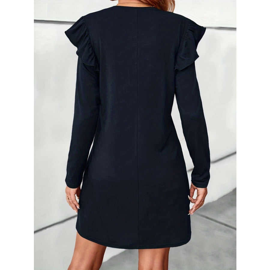 Ruffled Round Neck Long Sleeve Mini Dress Apparel and Accessories