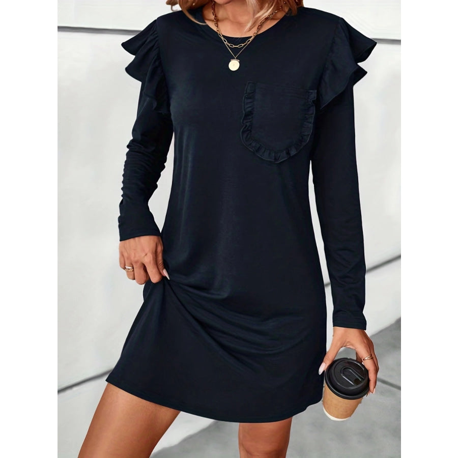 Ruffled Round Neck Long Sleeve Mini Dress Dark Navy / S Apparel and Accessories