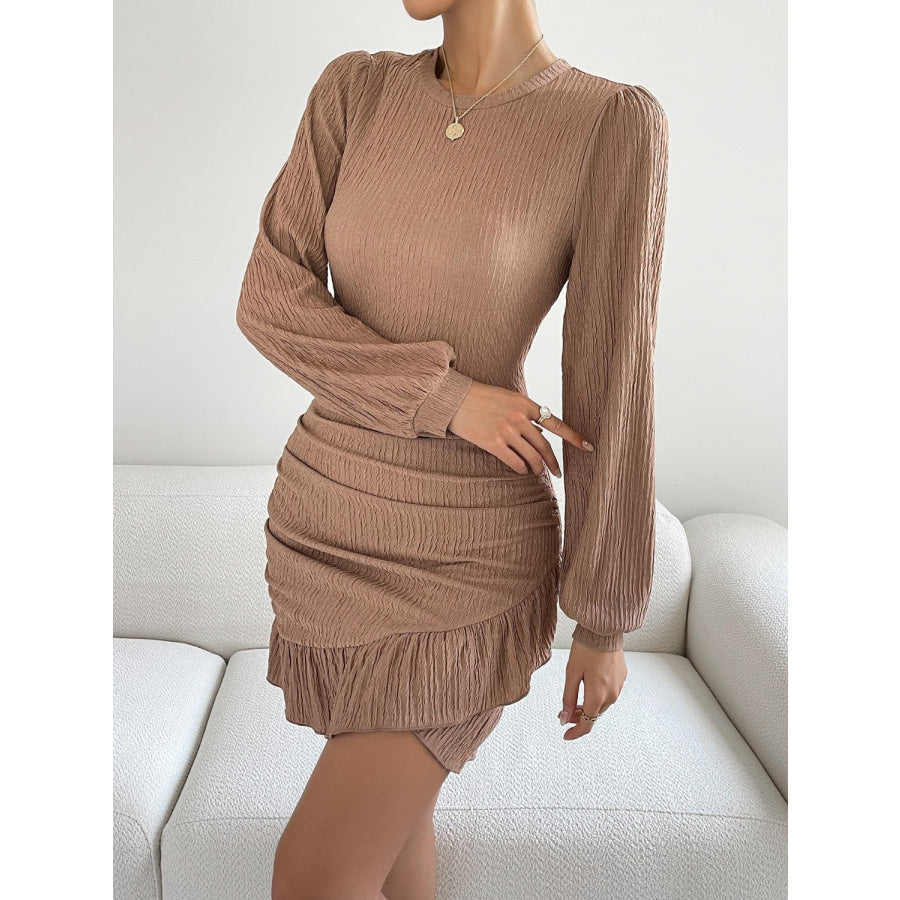 Ruffled Round Neck Long Sleeve Mini Dress Apparel and Accessories