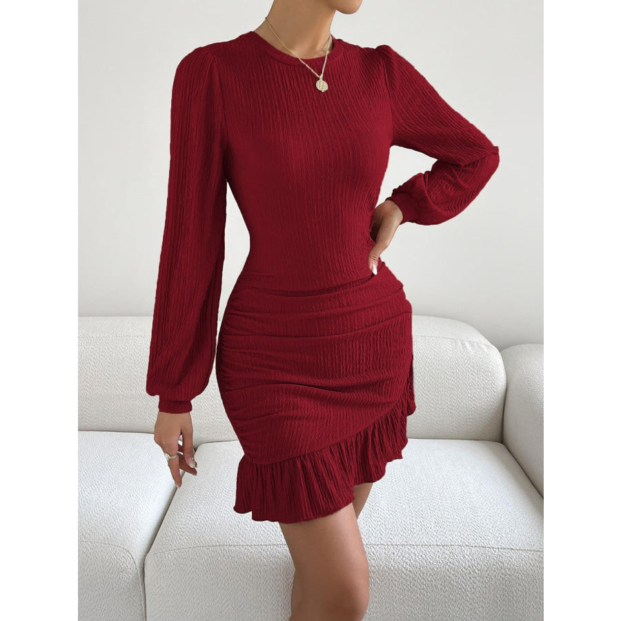 Ruffled Round Neck Long Sleeve Mini Dress Burgundy / S Apparel and Accessories