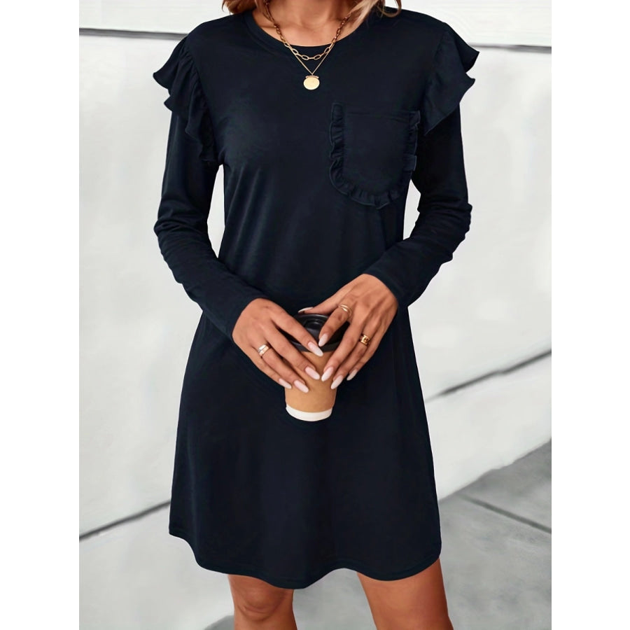 Ruffled Round Neck Long Sleeve Mini Dress Dark Navy / S Apparel and Accessories