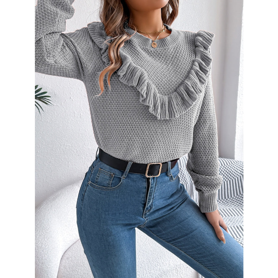 Ruffled Round Neck Long Sleeve Sweater Apparel and Accessories