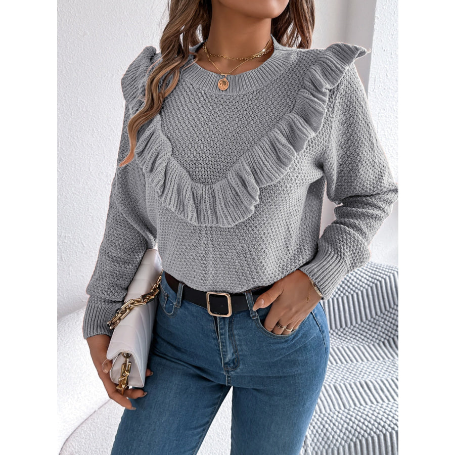 Ruffled Round Neck Long Sleeve Sweater Apparel and Accessories