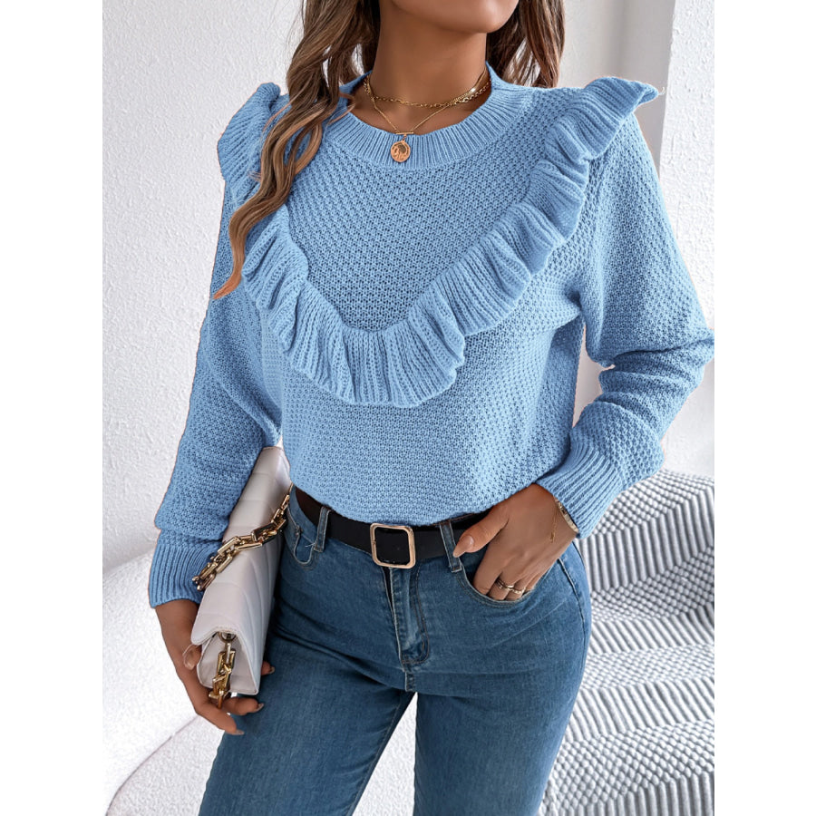 Ruffled Round Neck Long Sleeve Sweater Apparel and Accessories
