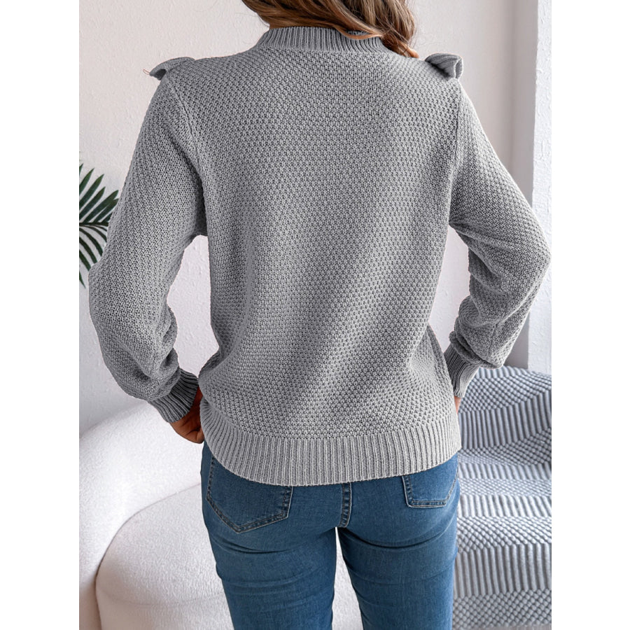 Ruffled Round Neck Long Sleeve Sweater Gray / S Apparel and Accessories