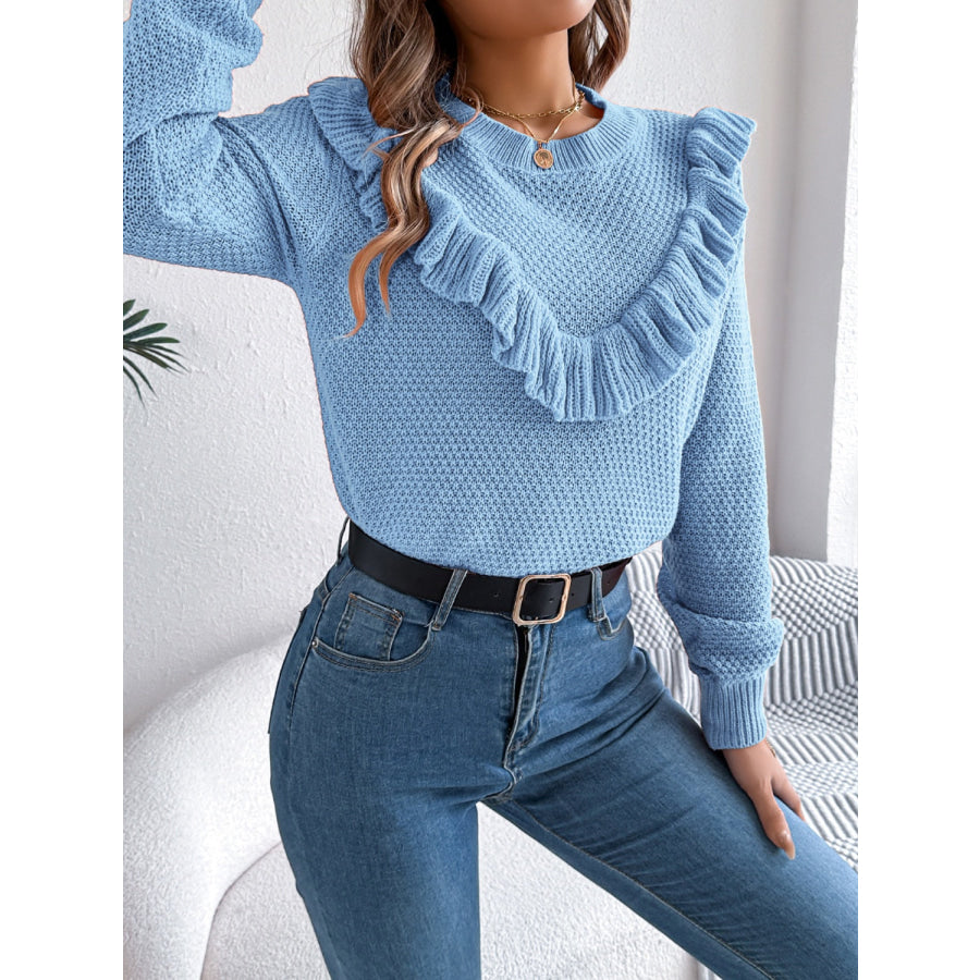Ruffled Round Neck Long Sleeve Sweater Apparel and Accessories