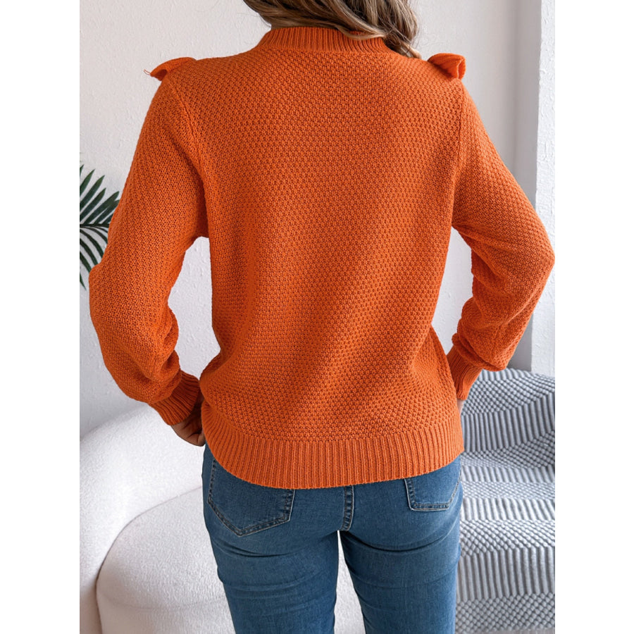 Ruffled Round Neck Long Sleeve Sweater Apparel and Accessories