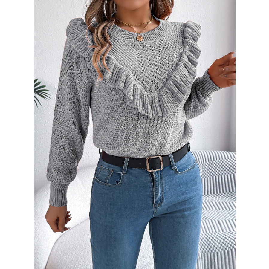Ruffled Round Neck Long Sleeve Sweater Apparel and Accessories