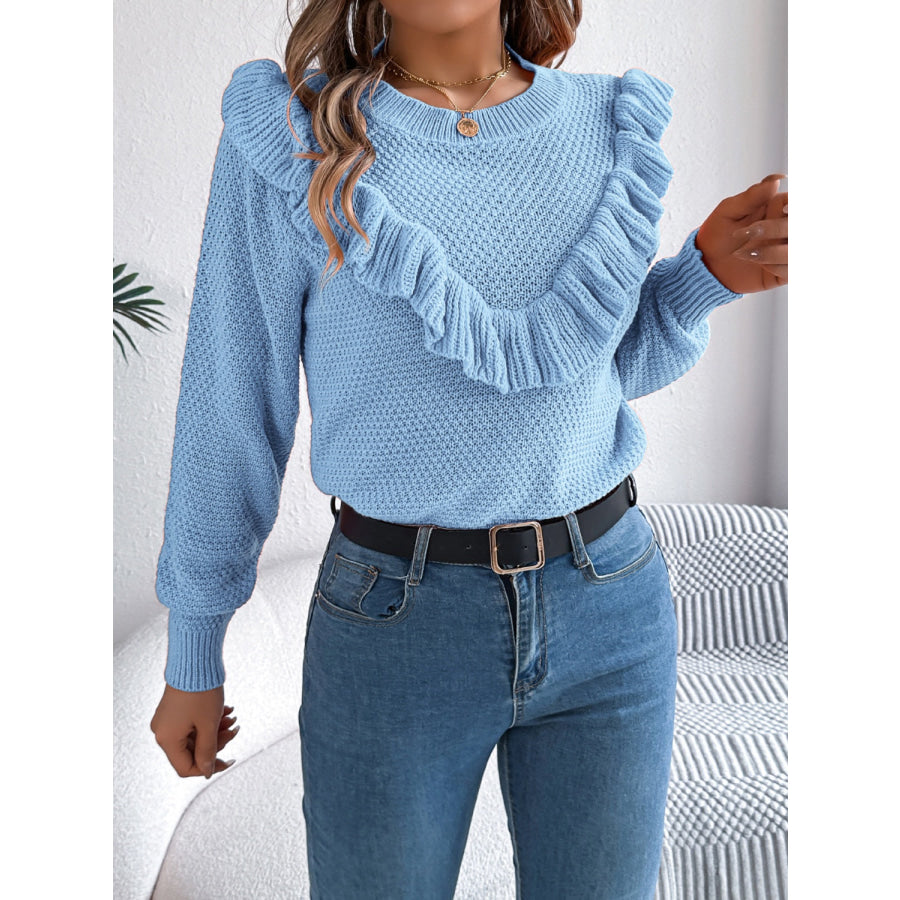 Ruffled Round Neck Long Sleeve Sweater Apparel and Accessories