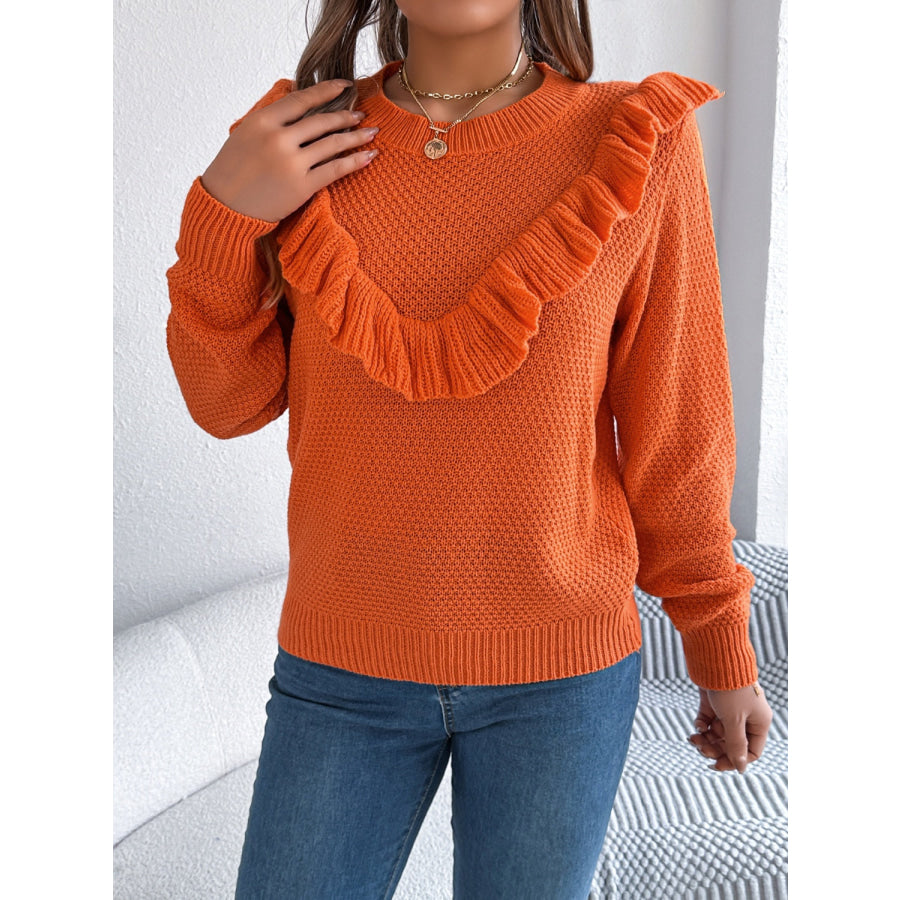 Ruffled Round Neck Long Sleeve Sweater Apparel and Accessories