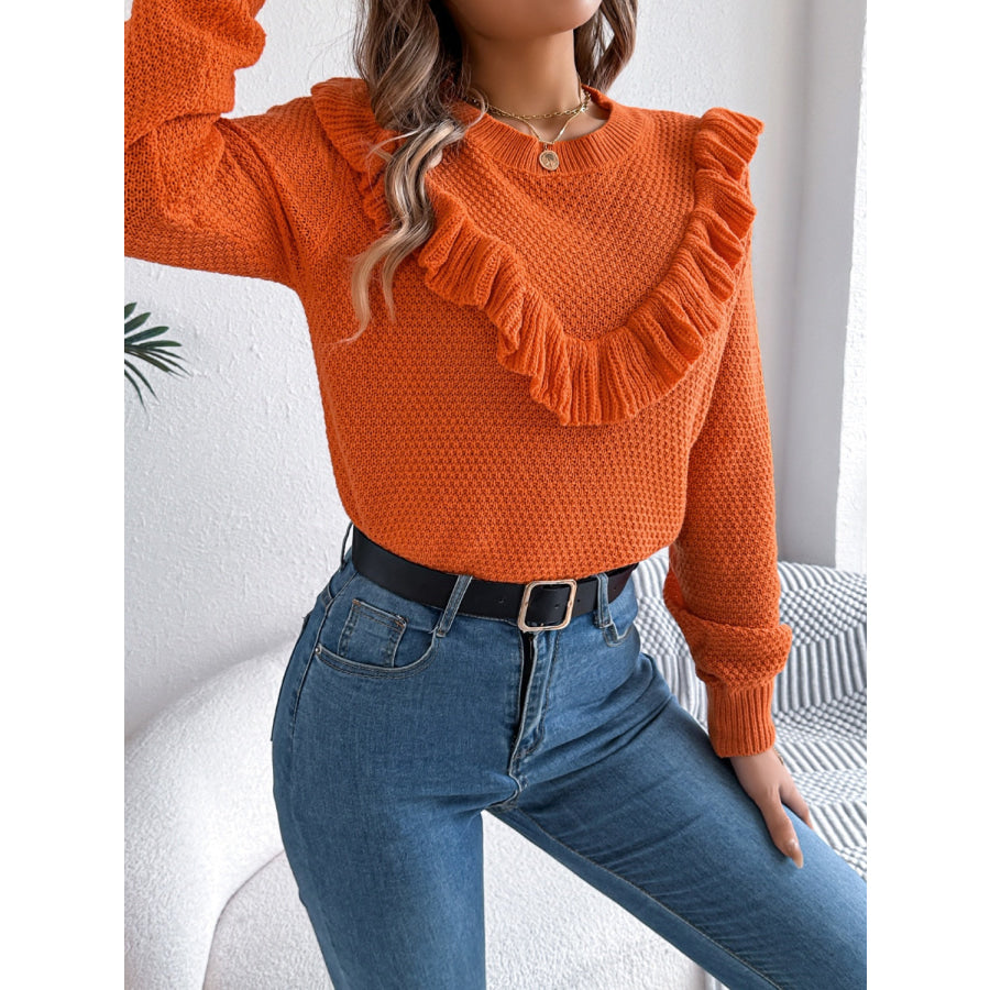 Ruffled Round Neck Long Sleeve Sweater Apparel and Accessories