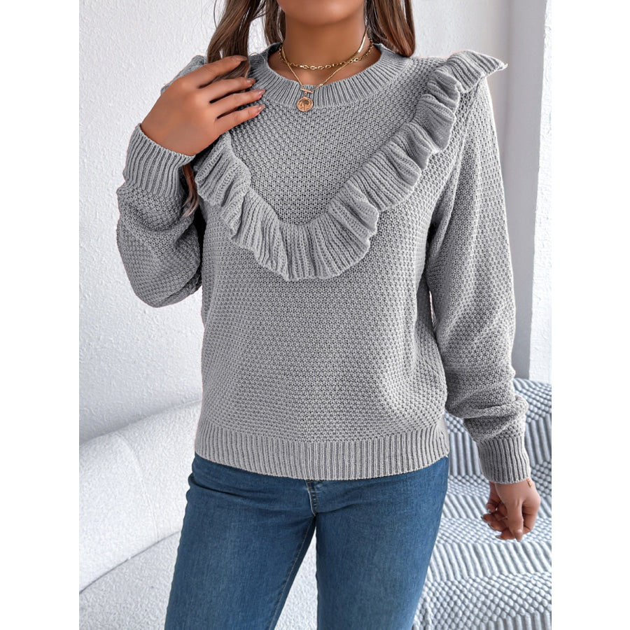 Ruffled Round Neck Long Sleeve Sweater Apparel and Accessories