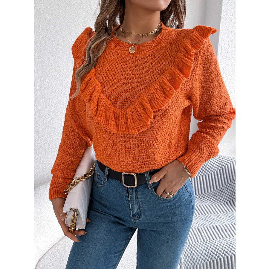 Ruffled Round Neck Long Sleeve Sweater Apparel and Accessories