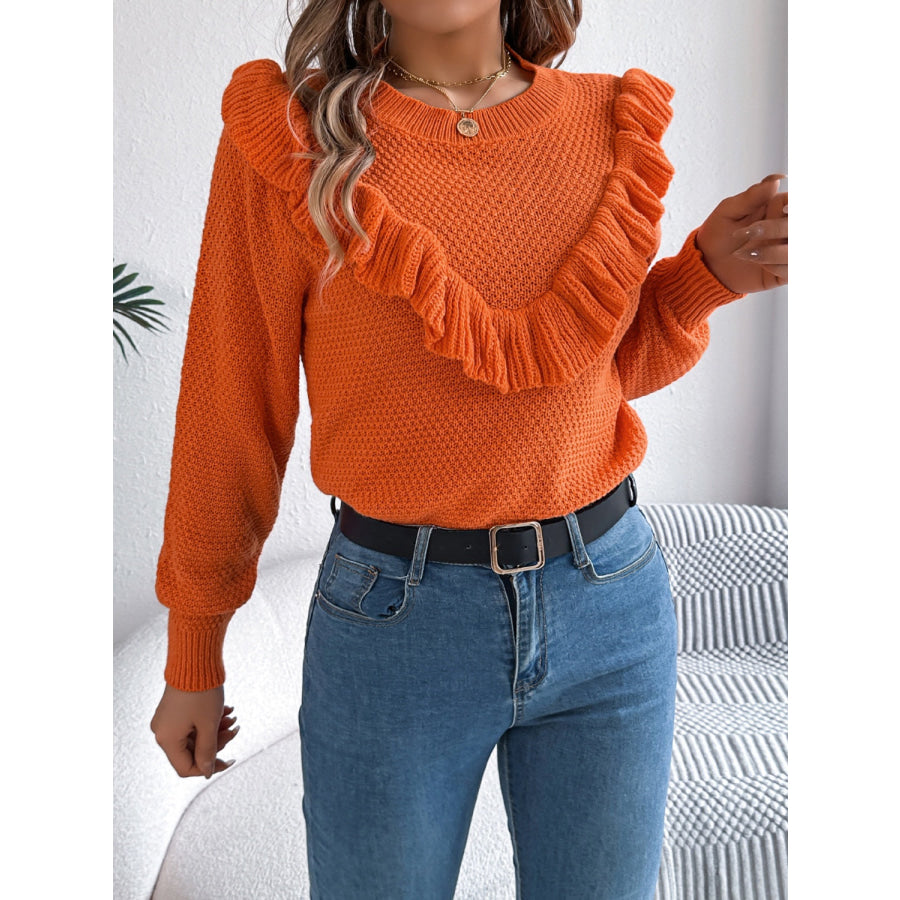 Ruffled Round Neck Long Sleeve Sweater Apparel and Accessories