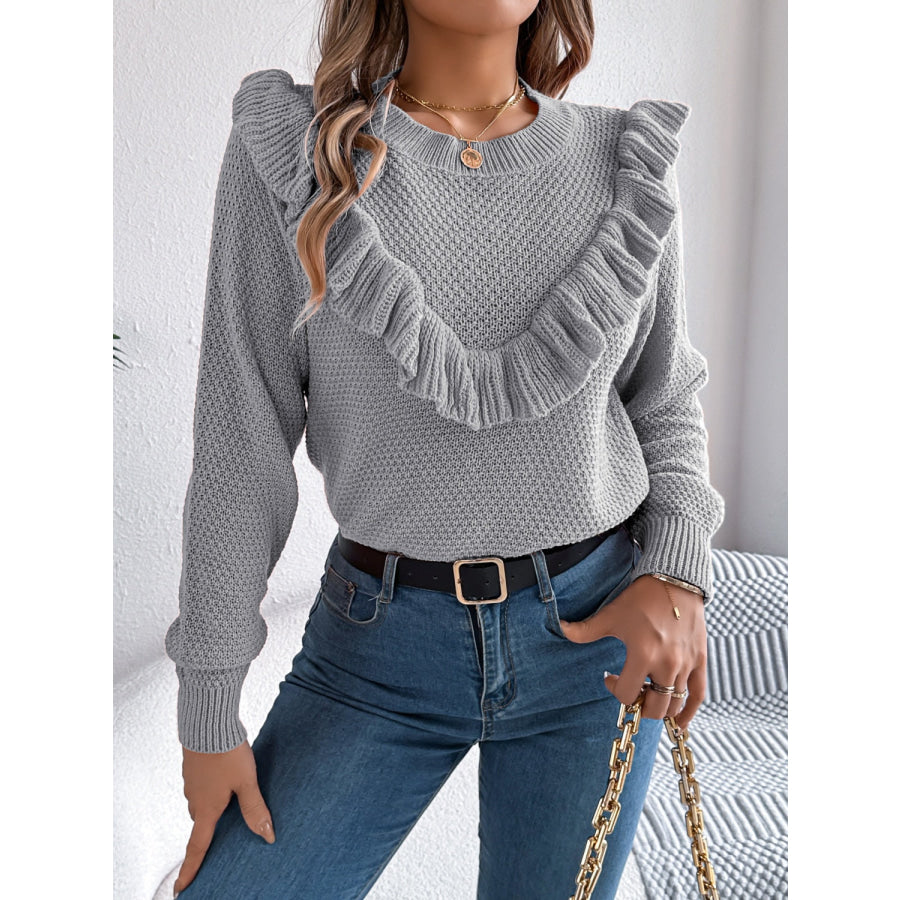 Ruffled Round Neck Long Sleeve Sweater Gray / S Apparel and Accessories