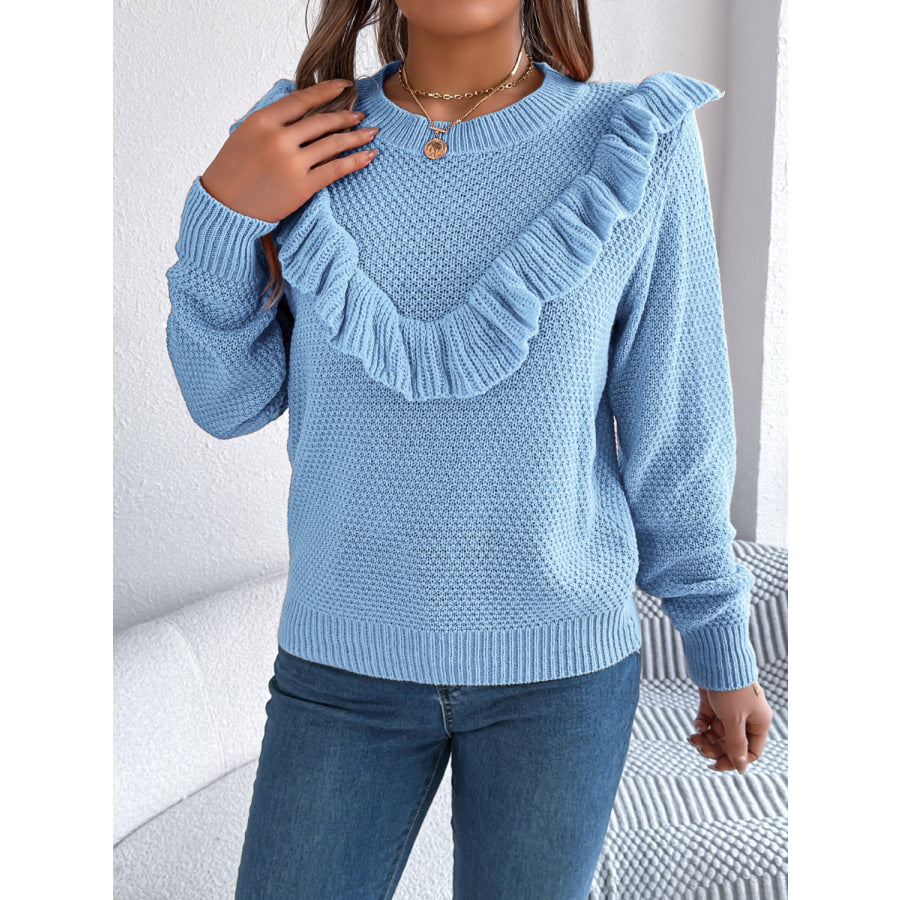 Ruffled Round Neck Long Sleeve Sweater Light Blue / S Apparel and Accessories