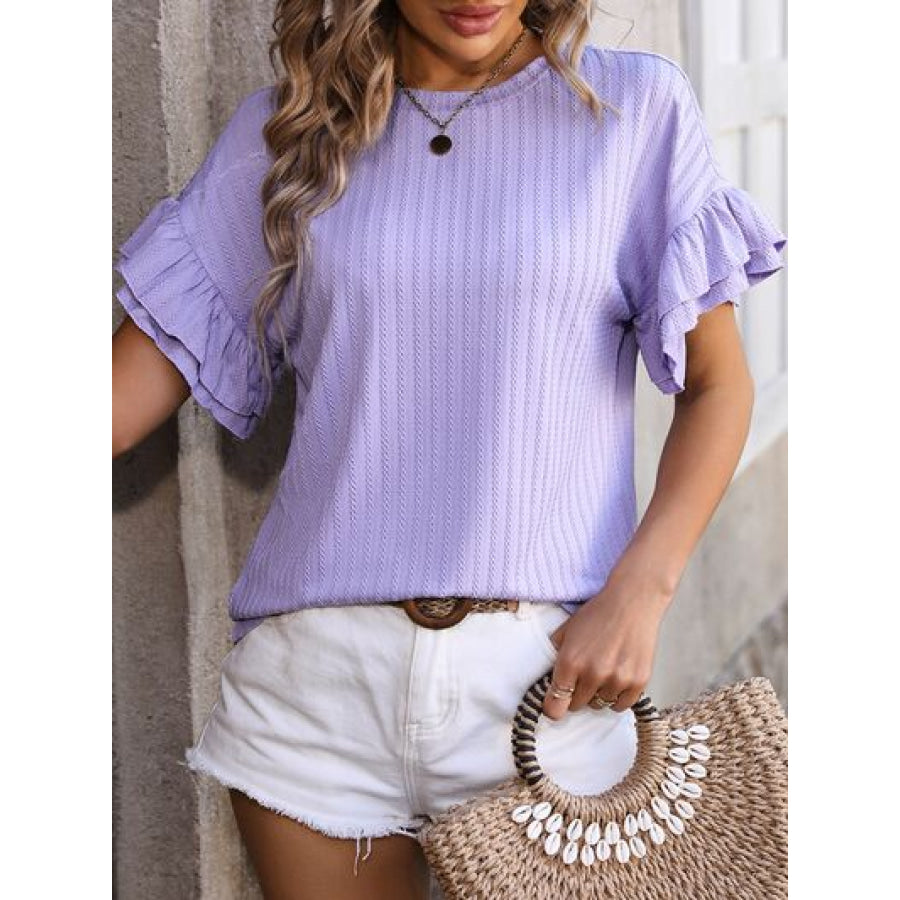 Ruffled Round Neck Short Sleeve Blouse Apparel and Accessories