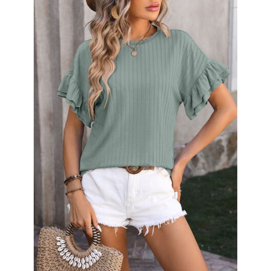 Ruffled Round Neck Short Sleeve Blouse Apparel and Accessories