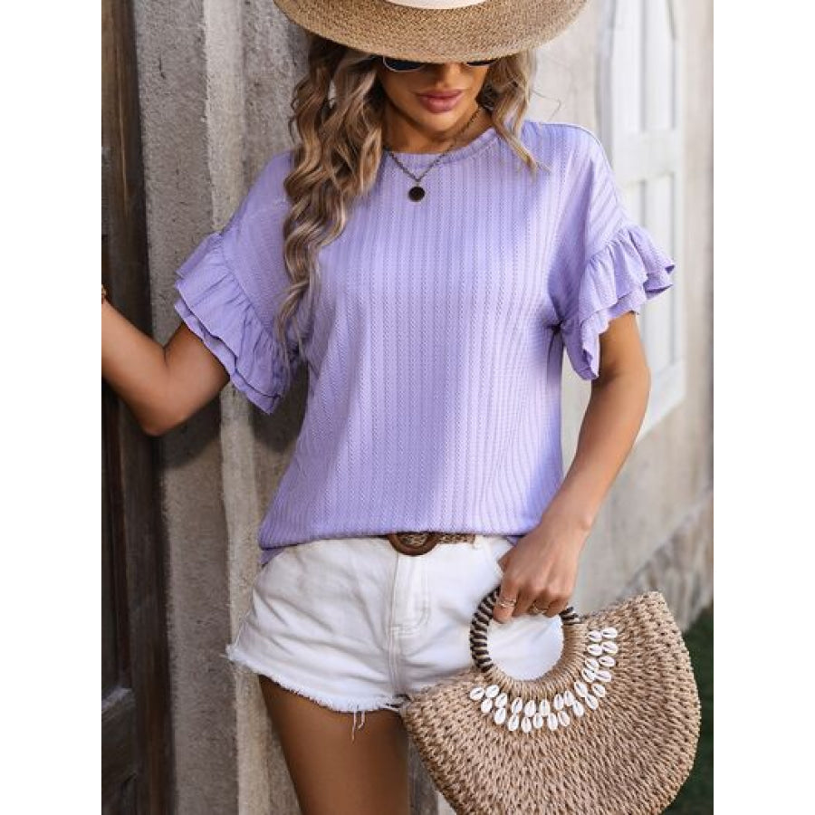 Ruffled Round Neck Short Sleeve Blouse Apparel and Accessories