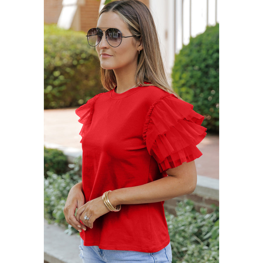 Ruffled Round Neck Short Sleeve Blouse Apparel and Accessories