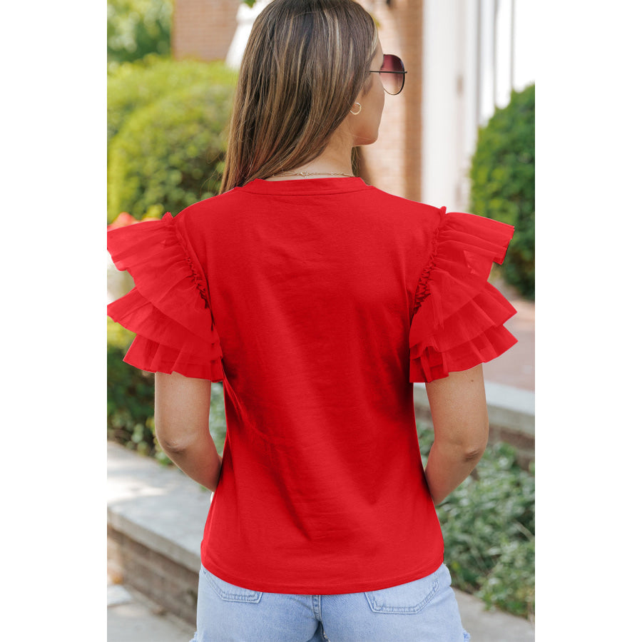 Ruffled Round Neck Short Sleeve Blouse Apparel and Accessories