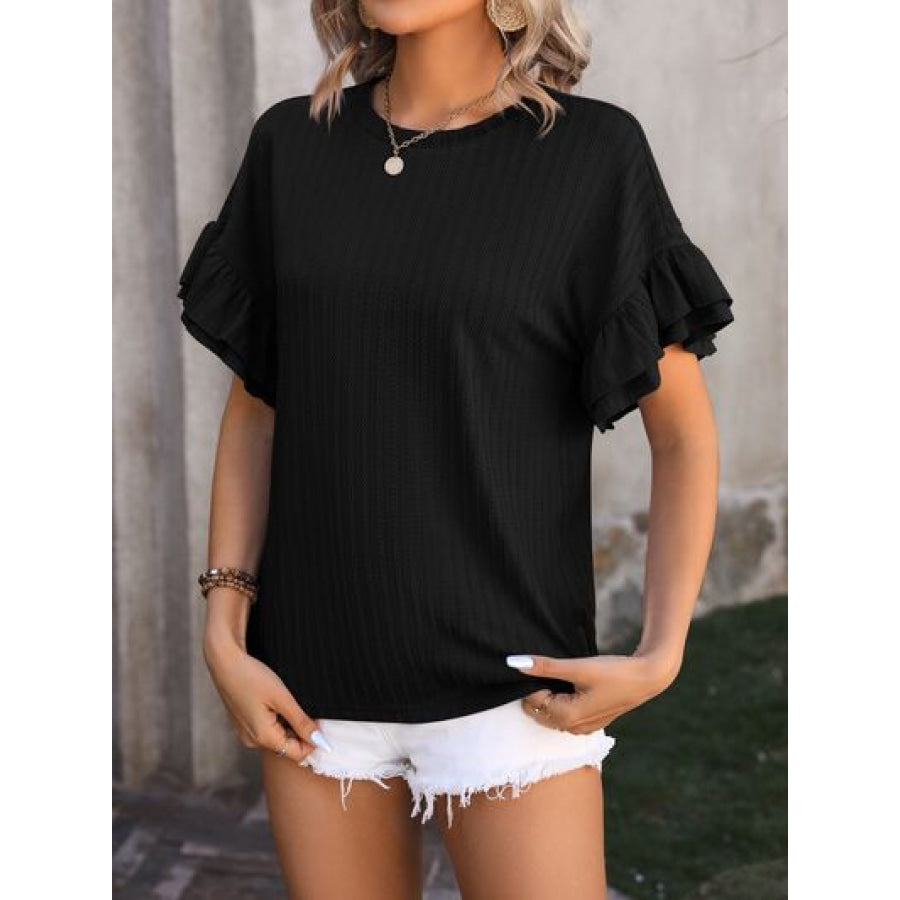 Ruffled Round Neck Short Sleeve Blouse Apparel and Accessories