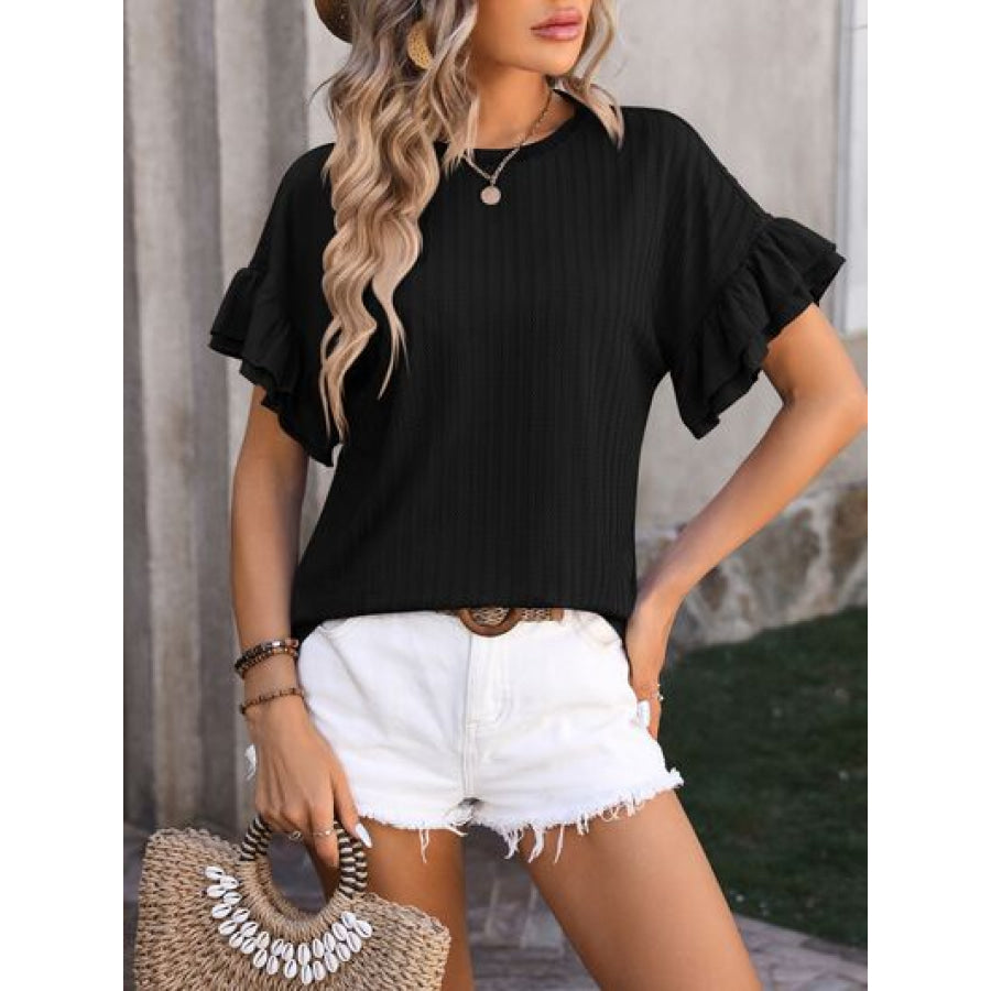 Ruffled Round Neck Short Sleeve Blouse Apparel and Accessories