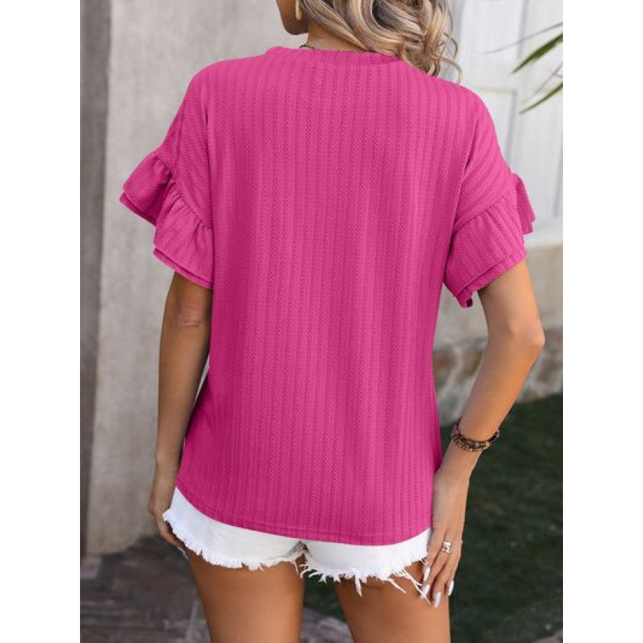 Ruffled Round Neck Short Sleeve Blouse Apparel and Accessories