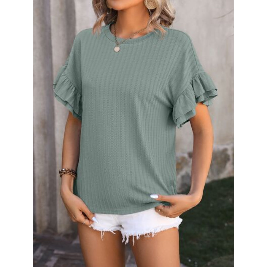 Ruffled Round Neck Short Sleeve Blouse Apparel and Accessories