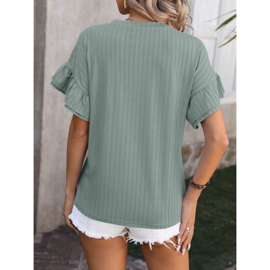 Ruffled Round Neck Short Sleeve Blouse Apparel and Accessories