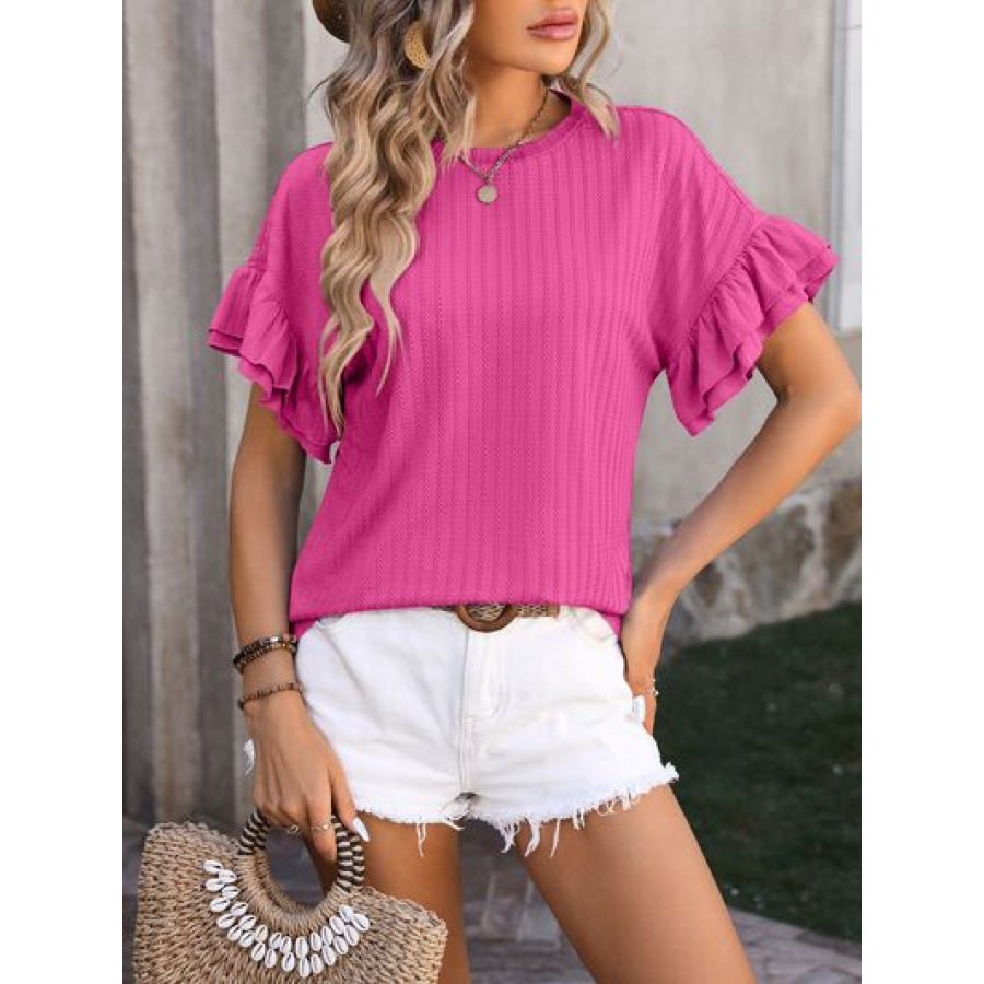 Ruffled Round Neck Short Sleeve Blouse Apparel and Accessories