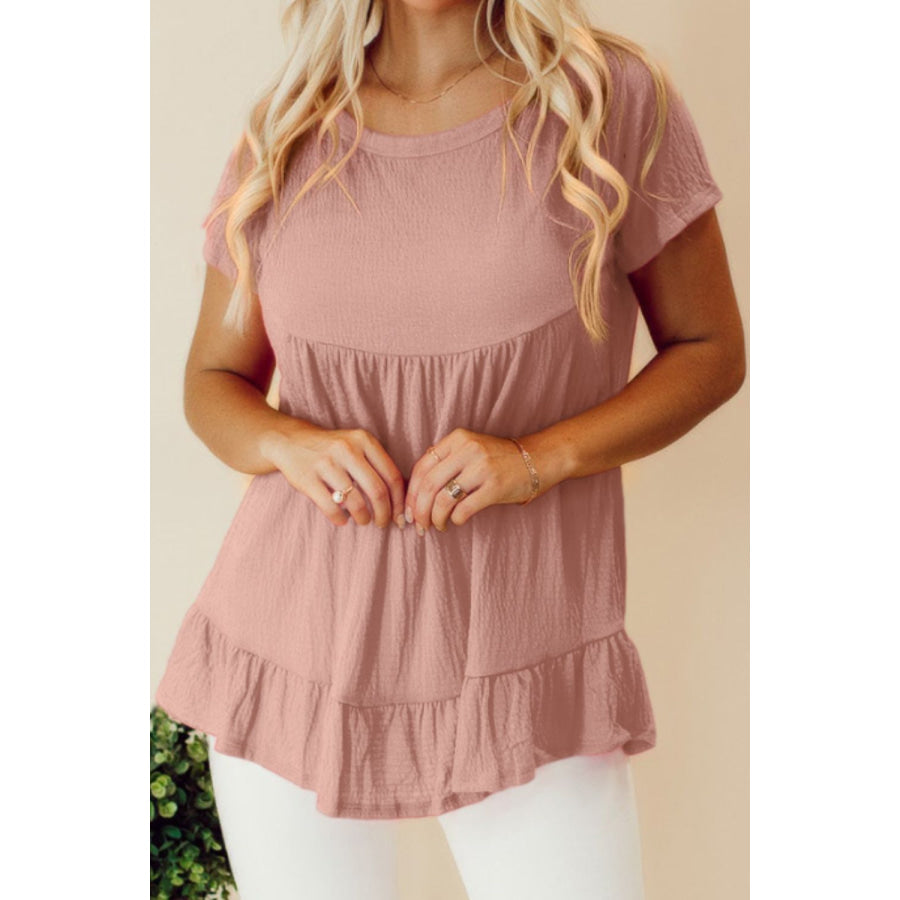 Ruffled Round Neck Short Sleeve Blouse Apparel and Accessories